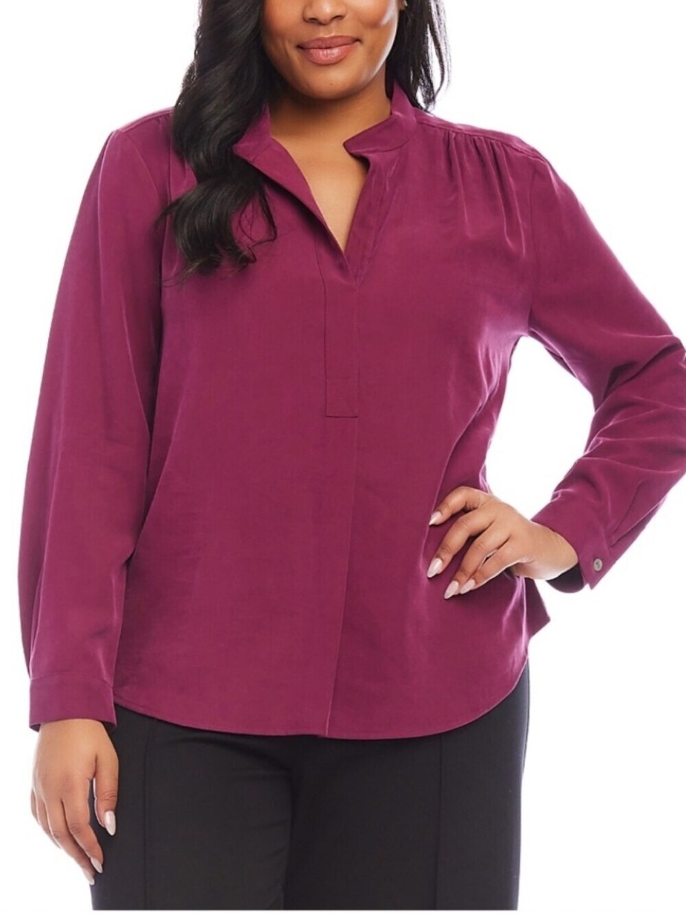KAREN KANE Split Neck Popover Top Burgundy Wine Long Sleeve Sz 2X